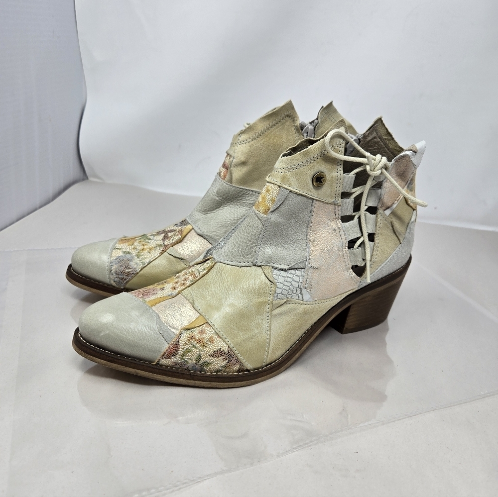Dkode Bottine Womens Cowgirl Boots Sz 7.5 Distressed Leather Patchwork Side Lace - Picture 3 of 12